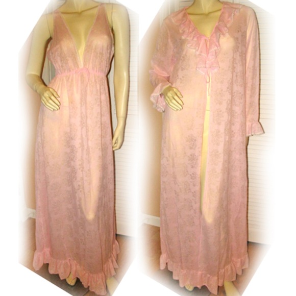 Vintage 2pc-Set Miss Elaine Lace Night Gown Nightgown Nighty Dress + Robe L Pink